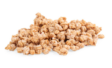 Heap of tasty crispy granola on white background