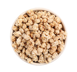 Tasty crispy granola in bowl isolated on white, top view