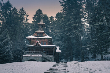 Vintage chapel Jaszczurowka in Zakopane at winter, Poland