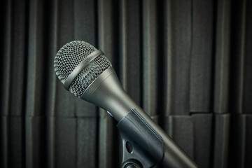 Side view of Stand-mounted dynamic microphone for vocals and choirs, gray, on acoustic foam...