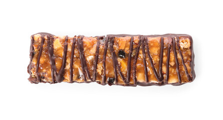 Tasty granola bar with chocolate on white background, top view