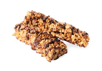 Crunchy granola bars with chocolate on white background