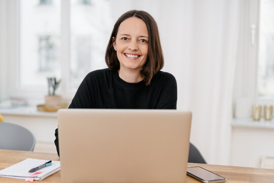 Smiling attractive businesswoman working at home