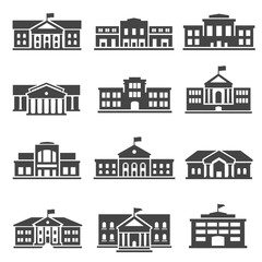 School, university bold black silhouette icons set isolated on white. College buildings.