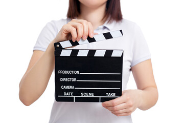 clapper board in female hands isolated on white