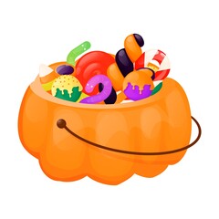 Halloween pumpkin basket full of candies and sweets background vector illustration.