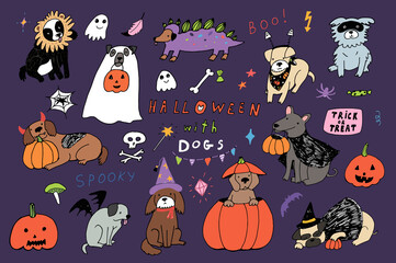 Halloween with dogs hand drawn doodle vector illustrations set