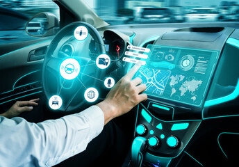 Driverless car interior with futuristic dashboard for autonomous control system . Inside view of...