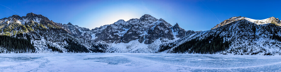 Panorama of Morskie Oko mountain lake in winter, Tatra mountains - obrazy, fototapety, plakaty