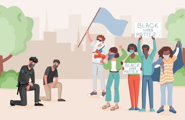 Police officers taking a knee in front of protesting people in city park vector flat illustration. People meeting, holding flags, and banners with Black lives matter words. Stop racism concept.