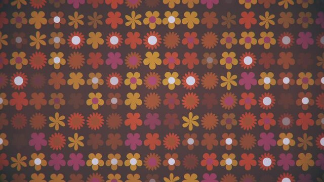 Retro 1970s floral pattern motion background animation with various cute flowers in warm vintage tones. Seamless loop. 