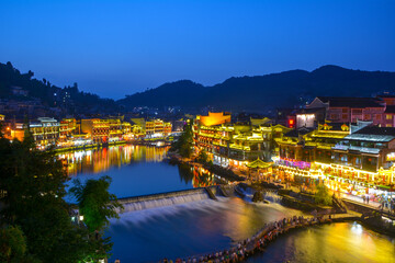 Fenghuang Ancient City Summer Night Scenery, Xiangxi, Hunan, China