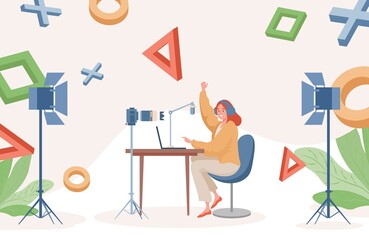 Online streaming vector flat illustration. Young woman playing video games on laptop and making a video recordings. Podcast about video games, social media, vlogger concept.
