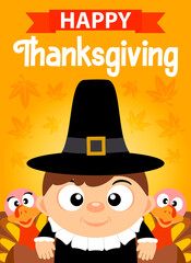 Happy Thanksgiving, greeting card, poster or flyer for holiday. Funny Thanksgiving turkeys and pilgrim boy. Vector illustration