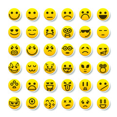 Set Of Yellow Sticker Collection Color Smile Different Emotions Emoticons Face Vector Design Cartoon Style With Shadows