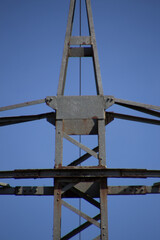 Close up of a power pole with blue sky