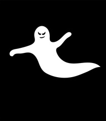 White ghost for halloween holiday design isolated on black background. Flying character with evil eyes.