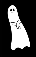 Funny and shy White ghost for halloween holiday design isolated on black background. Flying character with big eyes and smile.