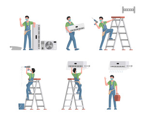 Set of air conditioners repair and installation service workers. Young male characters installing, repairing cooling systems, cleaning, and replacing air filters vector flat illustration.