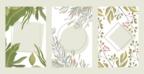 Set of green leaves borders. Summer green branches, red berries rectangular borders vector flat illustration with text space. Floral illustration for wedding, birthday, greeting cards design.