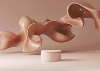 3D beige pedestal podium with brown creamy foundation flow splash on nude background. Pedestal showcase for beauty, cosmetics product promotion. Abstract minimal 3D render illustration for package. 
