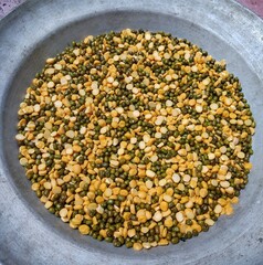 green mung beans and split chickpeas in a bowl