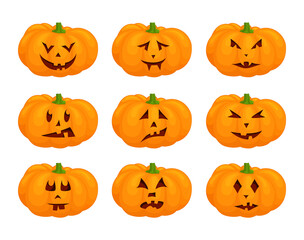 Set of jack-o-lantern. Halloween pumpkins with face isolated on white background. Illustration with pumpkin lantern.