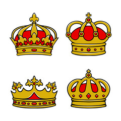 Hand drawn gold and red crowns vector set on white background
