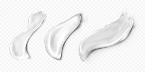 Three smears of white cosmetic creams in different shapes over a transparent background, colored vector illustration