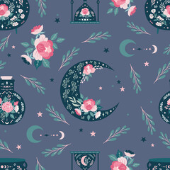 Seamless pattern background, digital paper with mystical moon, enchanting whimsical flowers, celestial patterns for fabric, stationery, wallpaper, wrapping, 