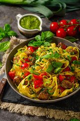 Chinese noodles with pork meat and herbs