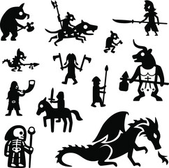 Vector set of medieval fantasy character icon silhouettes. Includes a dragon, a goblin riding a wolf, an elf with a spear, a lizardman, a goblin with a hatchet, a minotaur, a barbarian and a spearman.