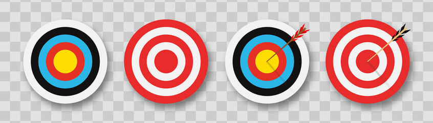 Archery target with arrows. Set of targets at transparent background with shadow. Сoncept of archery or reaching the goal in business. Vector illustration. - obrazy, fototapety, plakaty