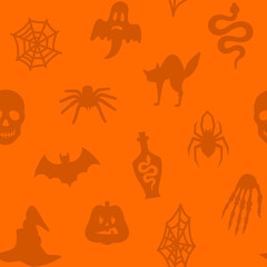 Obraz na płótnie Canvas Halloween seamless pattern with with different holiday symbols. Orange vector background.