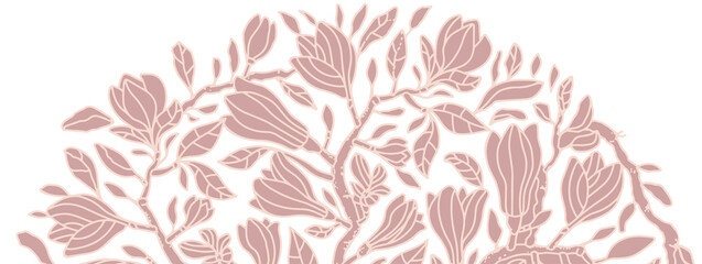 Vector background with delicate magnolia flowers on a light background. Nude background with flowers and branches for social network, store, packaging. Delicate and graceful pattern in nude colors