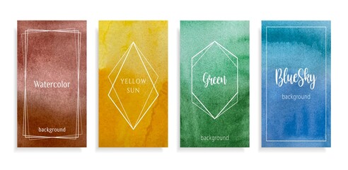 Abstract watercolor blue, braun, yellow, green background with transitions color sun, grass, leafs, sea, sky, earth and soil. Design template for banner with text in frame. Grunge vector illustration