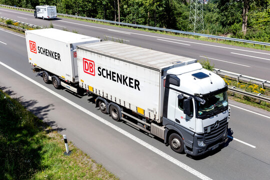 WIEHL, GERMANY - JUNE 26, 2020: DB Schenker Mercedes-Benz Actros combination truck on motorway.