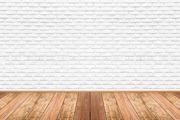 Empty living room with wooden floor and white painted brick wall background. For design interior.