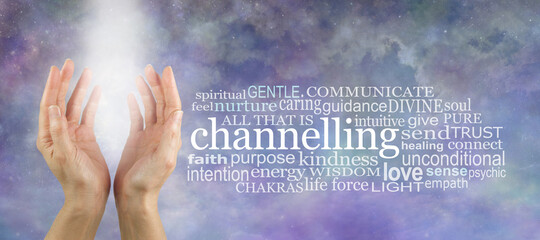 Channelling healing White Light Word Cloud - female cupped hands with shaft of white light between...