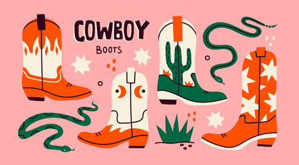Various cowboy boots. Different ornaments. Wild West Clipart icons. Rattlesnake viper, stars, cactus, grass. Hand drawn colored Vector set. All elements are isolated - obrazy, fototapety, plakaty
