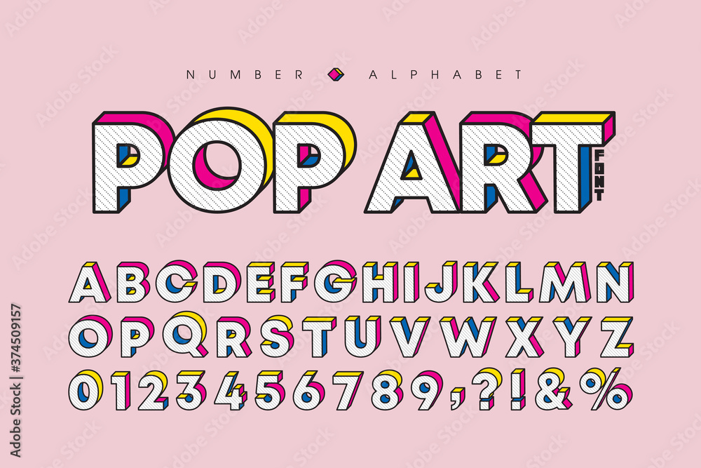 Fototapete modern pop art 3 dimensional letters and number set. stylish bold font or typeface for headline, tit