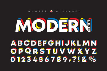 Modern art alphabet and number set. Stylish block font or typeface for headline, title, poster, web design, brochure, layout or graphic print. Flat vector 3D letters & number.