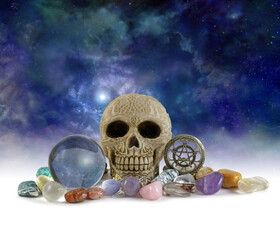 Wicca Tools Dark Night Background - Crystal ball, Celtic skull, pentacle pocket watch, pendulum and...