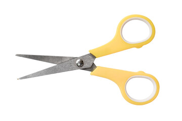 Yellow scissors of plastic handles, Isolated on white background. Object with clipping path.