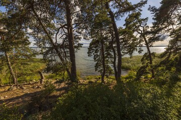 Gorgeous view of nature landscape on sunset. Blue sky and white clouds. Mirror surface Baltic sea with small water ripples. Beautiful backgrounds.	
