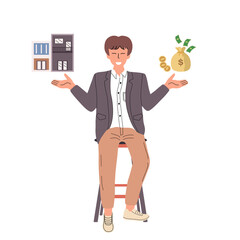 The business man holding bag for a bag of gold and real estate. Real estate agent of broker. Consultant business. Vector illustration in flat cartoon design.
