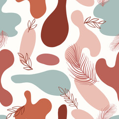 Bohemian, modern boho chic seamless pattern with hand drawn flowers,abstract shapes in hand drawn style. Vector boho seamless repeating background, digital paper, fabric, wallpaper, stationery