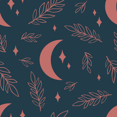 Bohemian, modern boho chic seamless pattern with hand drawn florals, moon and stars, in hand drawn style. Vector boho seamless repeating background, digital paper, fabric, wallpaper, wrapping paper.