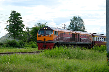Naklejka premium Towing train Running on steel rails in Thailand