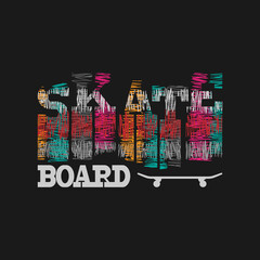 Skateboard typography graphics. Concept in grunge style for print production. T-shirt fashion Design. Template for poster, print, banner, flyer.